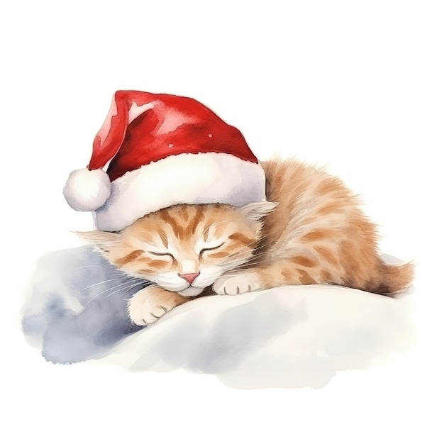 Waterverf schattig kerst kleine kat kitten personage in Santa hoed slaapt op kussens geïsoleerd