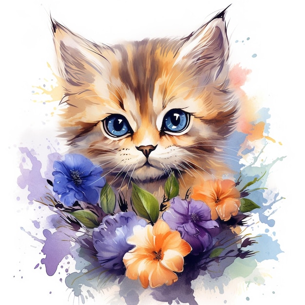 Waterverf schattige baby kat met bloemen