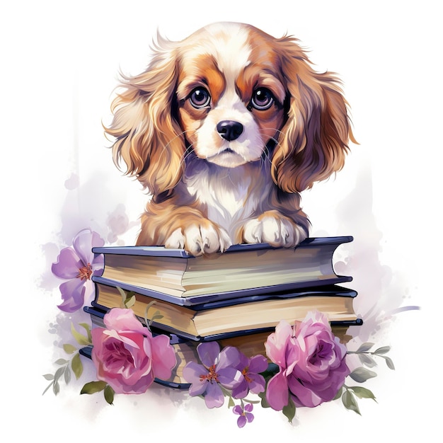 Waterverf schattige hond op een stapel boeken clipart