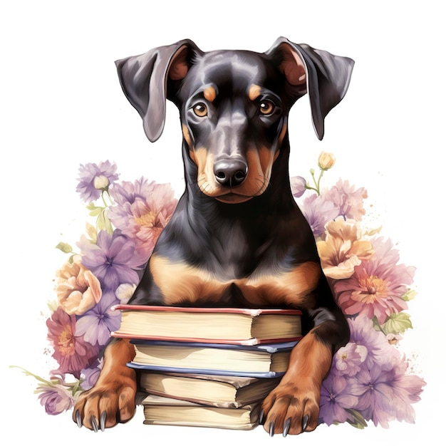 Waterverf schattige hond op een stapel boeken clipart