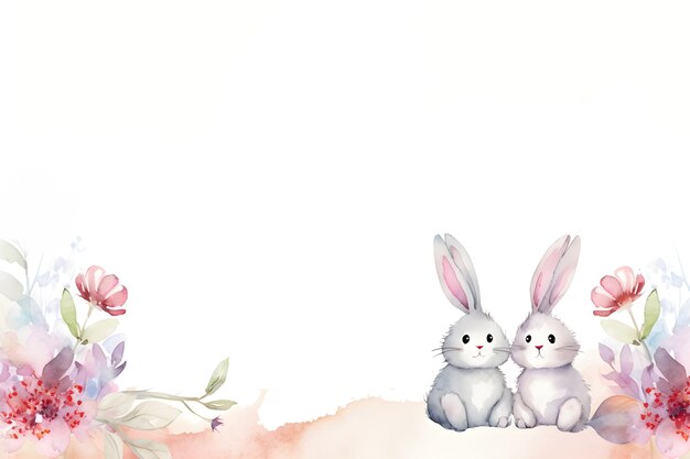 Waterverf schattige paasachtergrond van een konijnpaar en bloemen met kopieerruimte voor behang