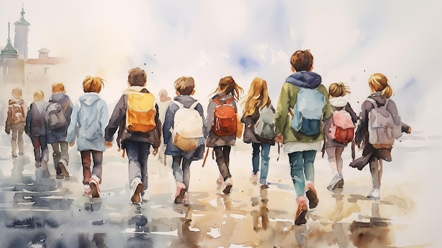 waterverf schilderij tekenen een groep vrienden schoolkinderen gaan terug naar school uitzicht van de achterkant met rugzakken