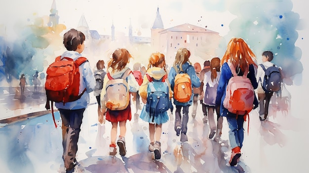 waterverf schilderij tekenen een groep vrienden schoolkinderen gaan terug naar school uitzicht van de achterkant met rugzakken