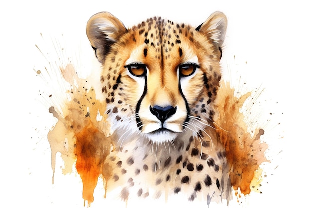 Waterverf schilderij van cheetah hoofd op een schone achtergrond Wilde dieren illustratie Generatieve AI