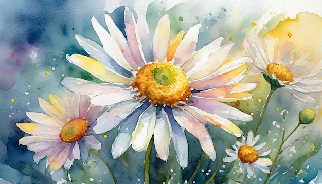 Waterverf schilderij van Daisy bloem Botanische handgetekende kunst Mooie bloemencompositie