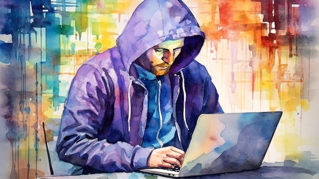 Waterverf schilderij van een hipster of hacker of computergamer op een open laptop in een hoodie