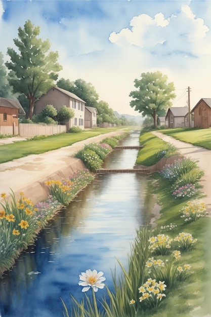 Waterverf schilderij van een irrigatiekanaal met kleine huizen