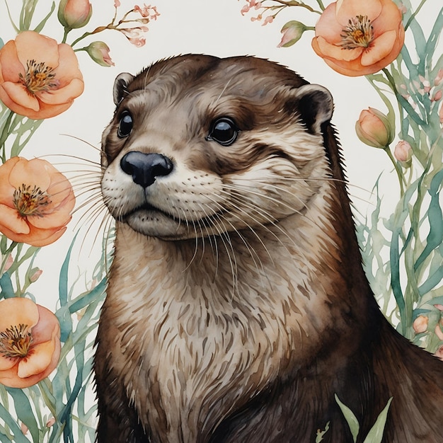 Waterverf schilderij van een otter met bloemen