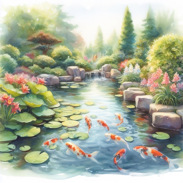 waterverf schilderij van een vijver en bloemen