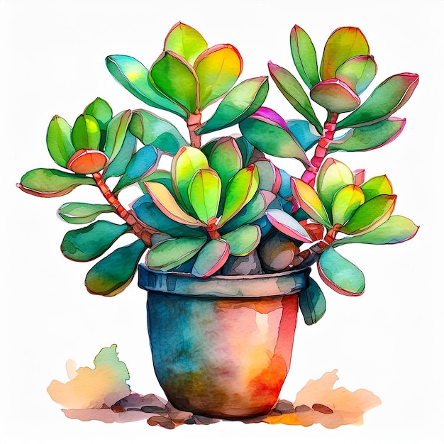 Foto waterverf schilderij van jade plant in pot huis tuin groene huisplant abstracte handgetekende kunst