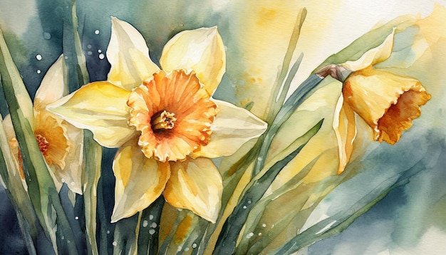 Waterverf schilderij van narcissusbloem Botanische handgetekende kunst Mooie bloemencompositie