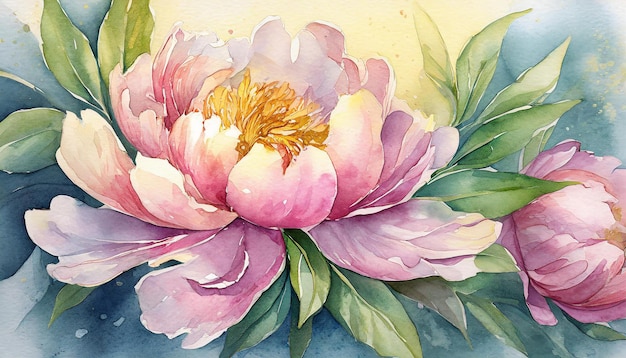 Waterverf schilderij van Peony bloem Botanische handgetekende kunst Mooie bloemencompositie