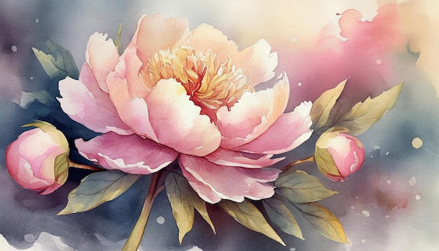 Waterverf schilderij van Peony bloem Botanische handgetekende kunst Mooie bloemencompositie