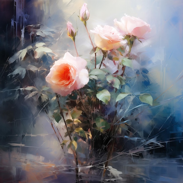 Waterverf schilderij van rozen blauw licht en schaduw