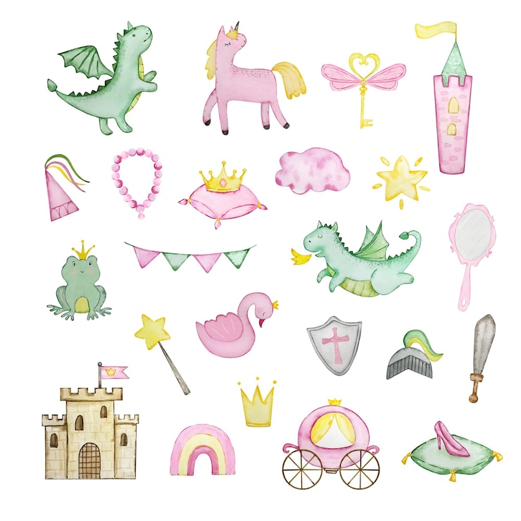 Foto waterverf sprookjes set prinses kinderkamer illustratie