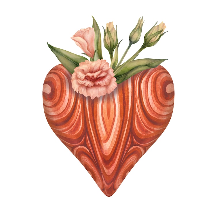 Foto waterverf stenen hart met roze eustoma bloemen voor valentijnsdag horoscoop magie halloween