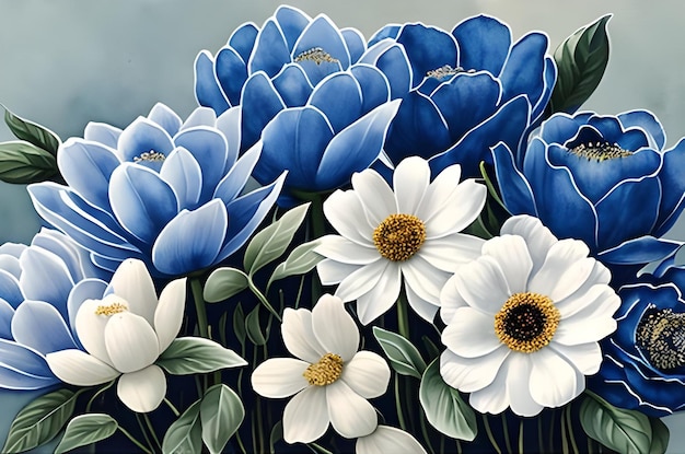 Waterverf stoffige blauwe en witte bloemen die kunst Achtergrond en patroontextuurbehang schilderen