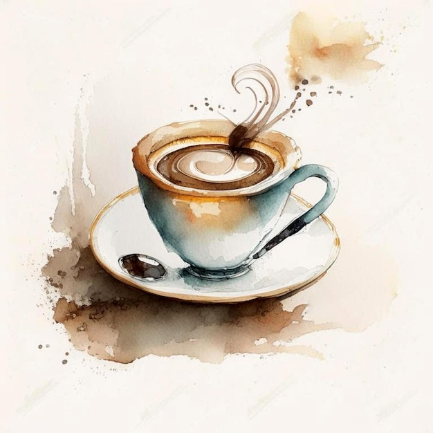 Waterverf tekening keramische kop warme koffie met melk of cappuccino
