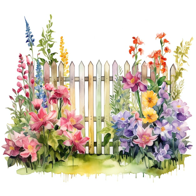 waterverf tuin hek met bloemen illustratie lente bloemen clipart
