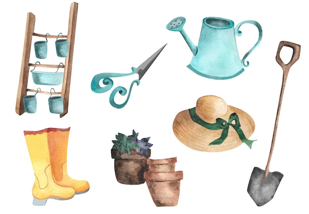 Waterverf tuingereedschap rubberen laarzen strohoed waterpot schaar bloempot ontwerp van apparatuur
