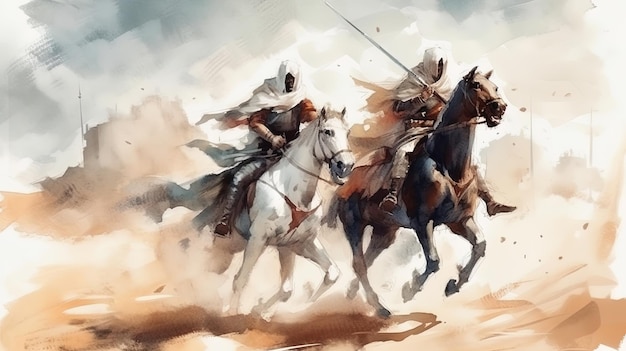 Waterverf van middeleeuwse Arabische ridder en kruisvaarder in gevecht