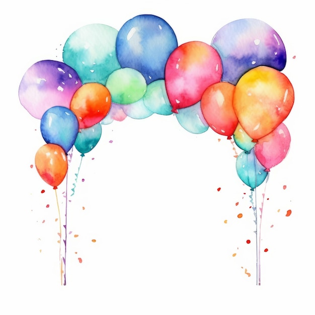 Waterverf verjaardagsboog met kleurrijke ballonnen