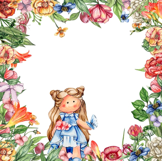 Waterverf vierkant bloemenframe in tekenfilmstijl met een schattige meisjespop in een jurk