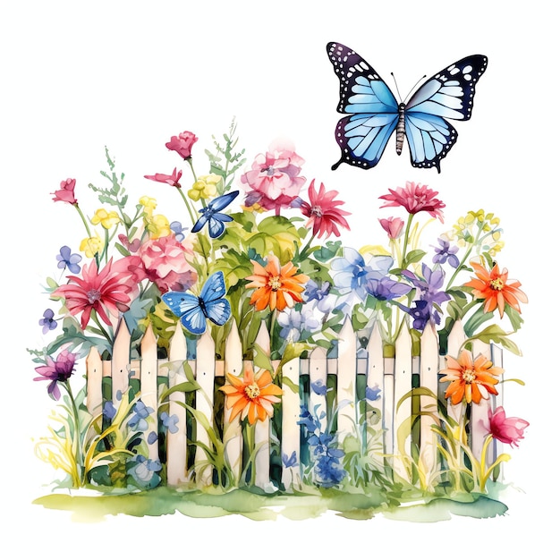 waterverf vlinder op tuin hek met bloemen illustratie lente bloemen clipart