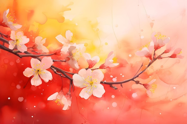 Waterverf voorjaarsbloemen bloeien op zacht rood gele schilderij abstracte achtergrond behang
