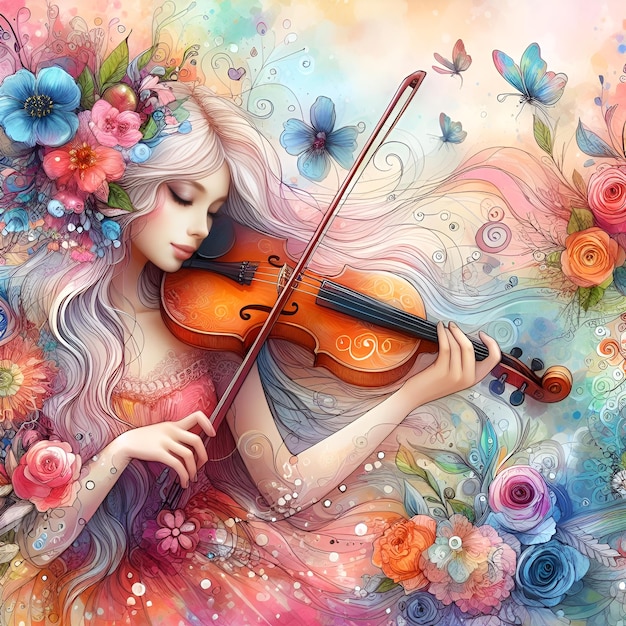 Waterverf Vrouw speelt viool Muziek melodie vliegende vlinders dansende noten