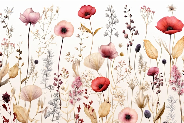 Waterverf weide bloemen illustratie en wilde bloemen lente botanische bloemen naadloos patroon