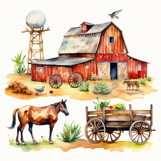 waterverf westerse boerderij westerse wilde westerse cowboy woestijn illustratie clipart