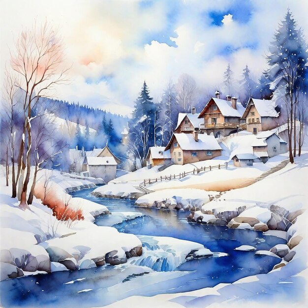 Waterverf Winter Village