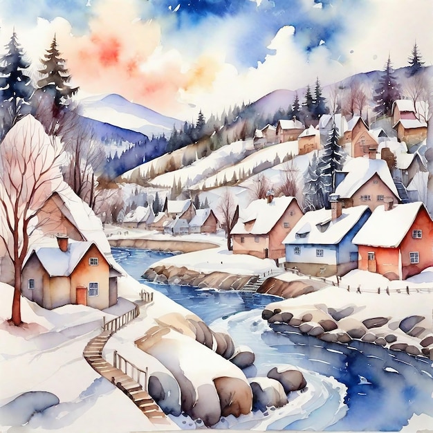 Waterverf Winter Village