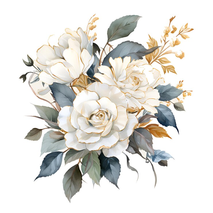 Waterverf witte rozen met gouden elementen geïsoleerd voor bruiloftsdecoratie
