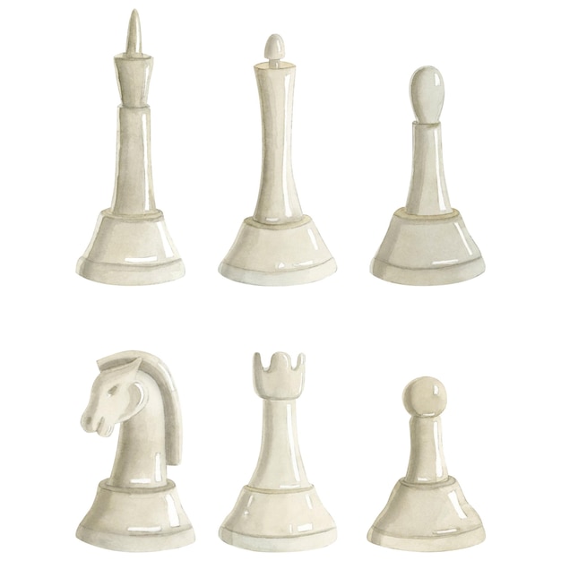 Waterverf witte schaakstukken illustratie set met de hand getekend realistische waterverf clipart van koning koningin
