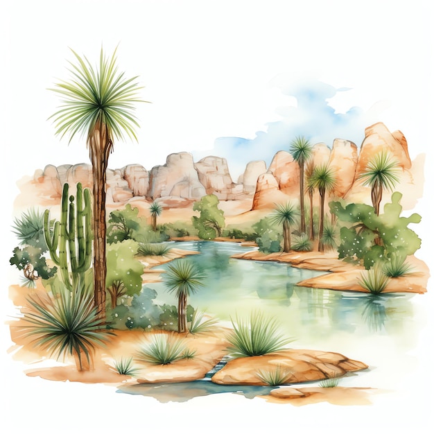 waterverf woestijn oase west wild west cowboy woestijn illustratie clipart