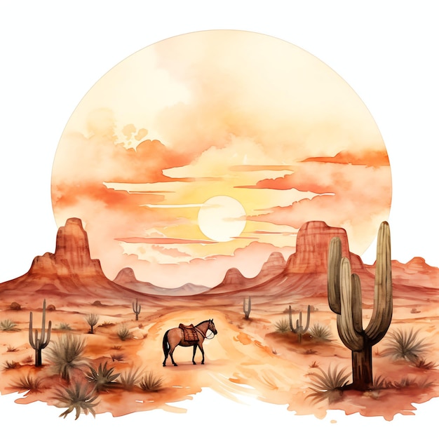 waterverf woestijn zonsondergang westelijke wilde westelijke cowboy woestijn illustratie clipart