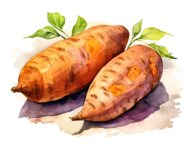 Waterverf zoete aardappel geïsoleerde aquarelle zoete aardappelen creatieve waterverf batata