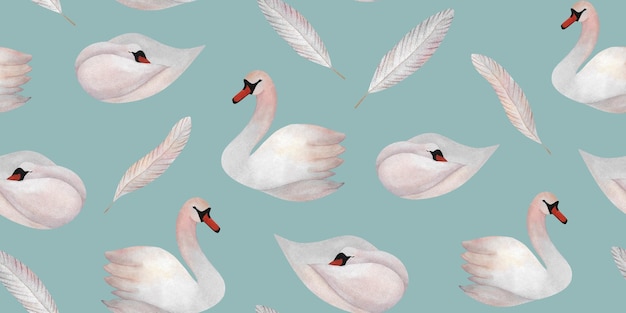 Waterverf zwaan en veer naadloos patroon met vogels en pennen Leuke afdruk voor behang verpakkingspapier babydesign Kinderdekoratie Pastelkleurige achtergrond Blauwe achtergrond Minimalisme