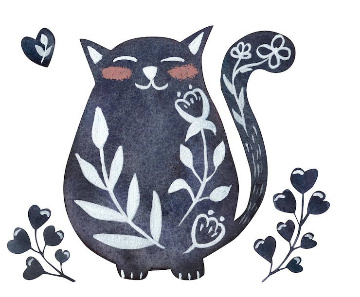 Foto waterverf zwarte kat met bloemen illustratie