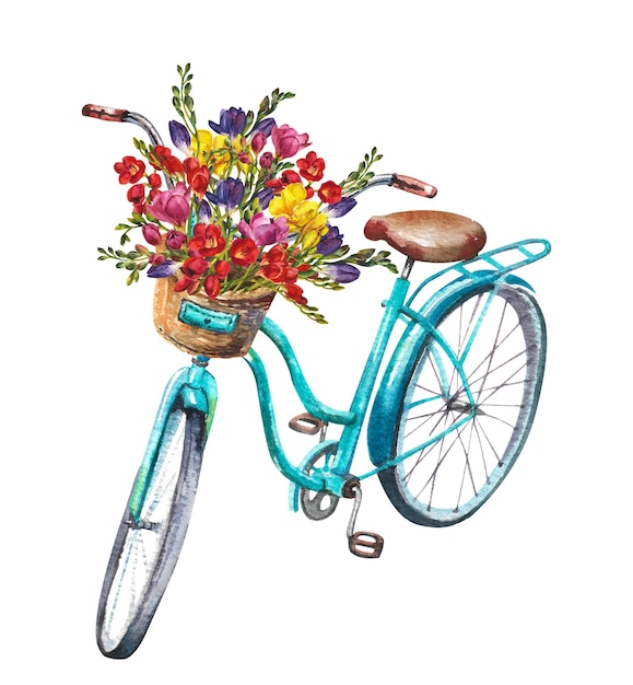 Waterverfbloemen Een blauwe fiets met een boeket fresia's in een rieten mand