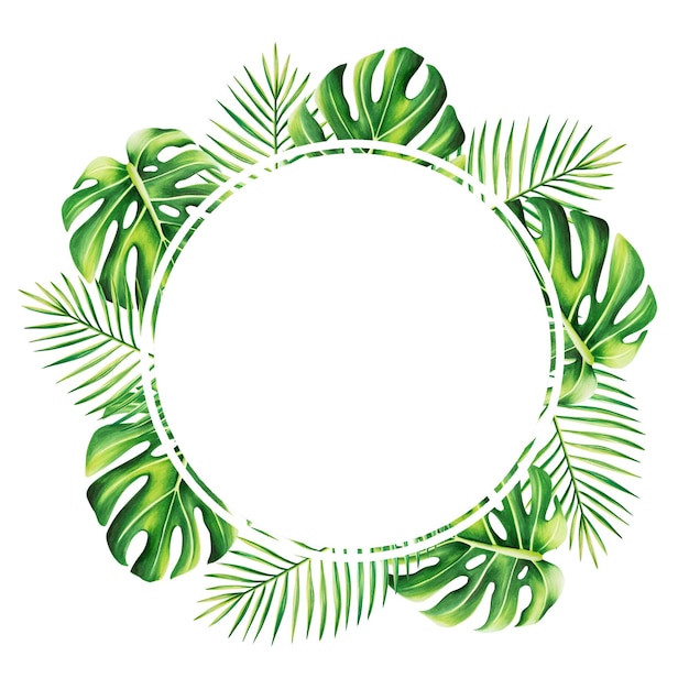 Waterverfframe en logo met realistische tropische illustratie van monstera en palmisolaat