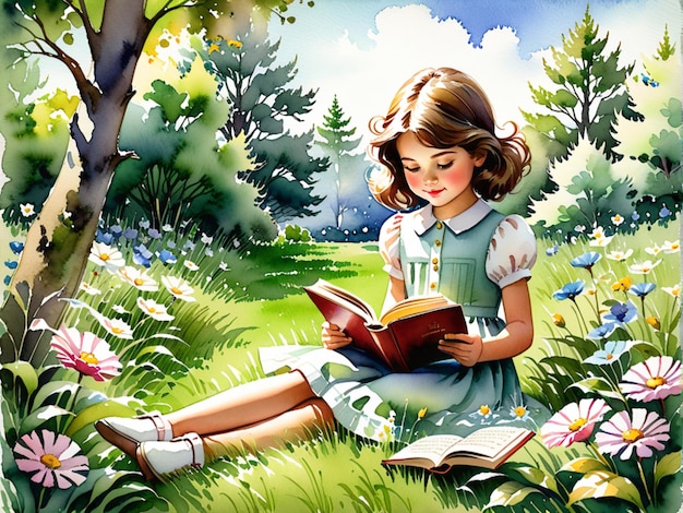 Waterverfillustratie Internationale Dag van het Kinderboek een klein meisje dat een boek op het gras leest