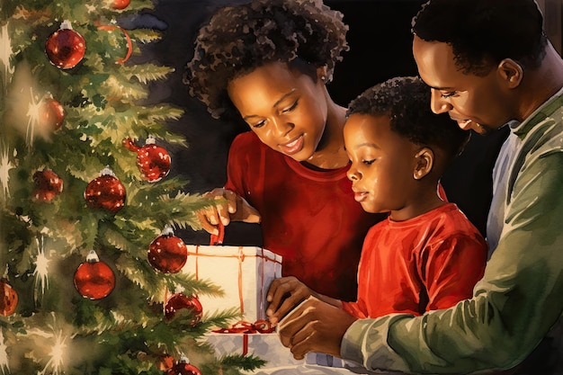 Waterverfillustratie van afro-amerikaanse familie die de kerstboom versiert