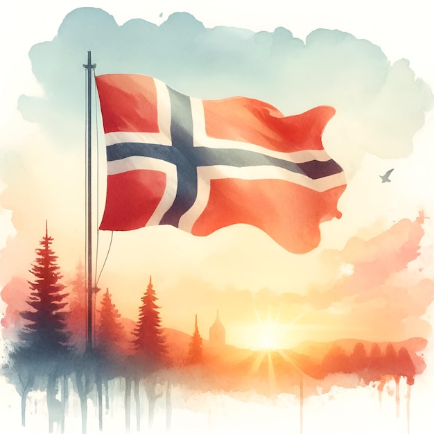 Waterverfillustratie van de Noorse vlag die bij zonsondergang in de wind zwaait voor de dag van de grondwet