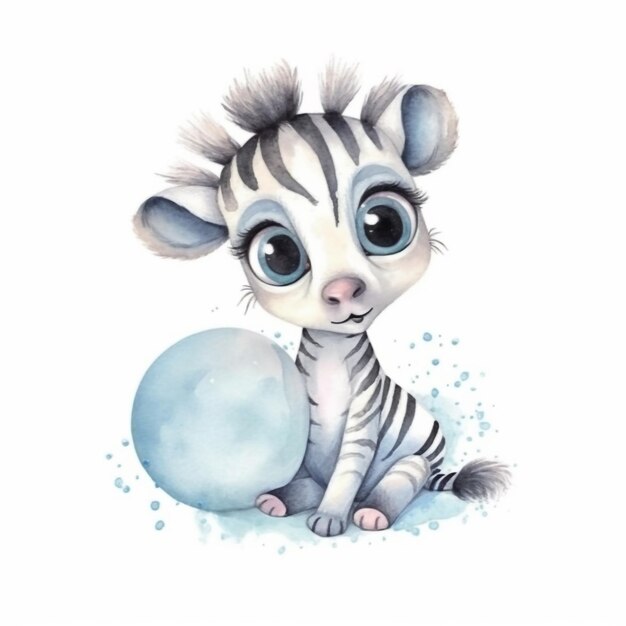 Waterverfillustratie van een babyzebra met een bal van sneeuw.