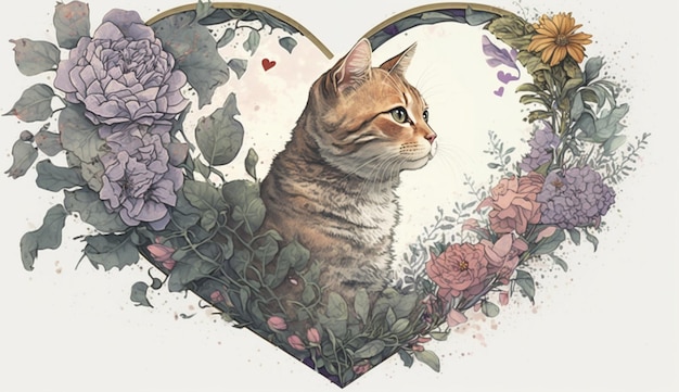 Foto waterverfillustratie van een bloemrijke vintage hart en kat design generatieve ai