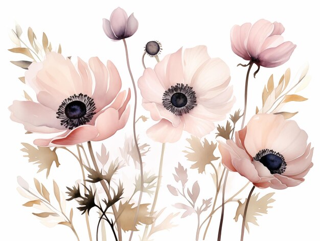 Waterverfillustratie van een boeket anemonenbloemen in delicate roze serene kleuren