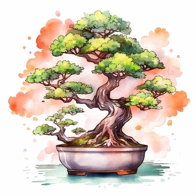 Waterverfillustratie van een bonsaiboom in een pot